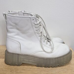 GB White Chunky Combat Boots 9.5 Leather Platform Grunge Whimsigoth
